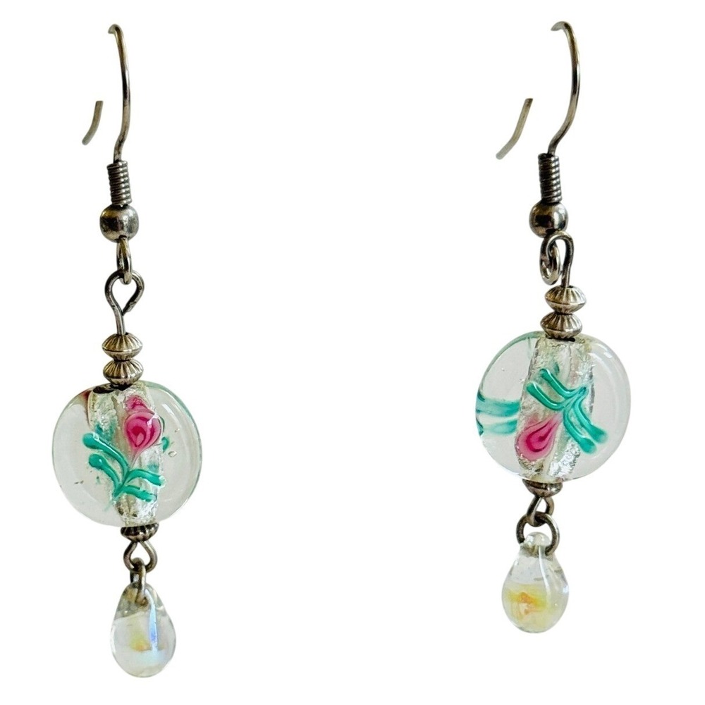 VTG Venetian Murano Wedding Cake Art glass earrings beaded pierced dangle Italy